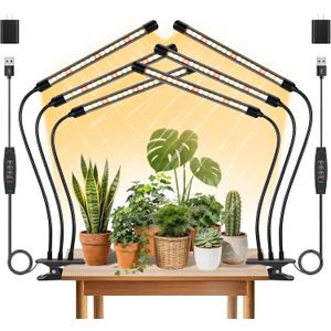 3 Heads Plant Lights for Indoor Growing, 2 Pack Grow Lights for Seed Starting, Full Spectrum Clip Grow Lamps with Auto ON & Off Timer 3/9/12H, 3 Switch Modes, 10 Dimming for Houseplants