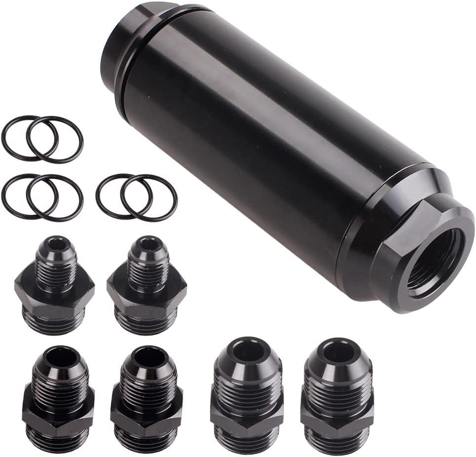 Universal 50MM 100 Micron Inline Fuel Filter with 6AN 8AN 10AN Adapter For Filtering Gasoline, Diesel, E85-Black