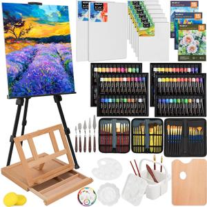 Nicpro 158PCS Deluxe Art Painting Kit with Metal and Solid Beech Wood Easel, Acrylic, Oil & Watercolor Paint Set, Paint Brushes, Canvas, Palette, Paper Pad, Professional Art Set for Adults Artist