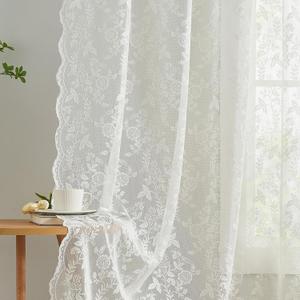 FINECITY Lace Curtains 84 Inches Long - Rustic Branch Leaf Floral Patterned Ivory Sheer Lace Curtains for Living Room, Scalloped Macrame Country Sheer Curtain 2 Panels, 52 x 84 Inch, Cream/Ivory