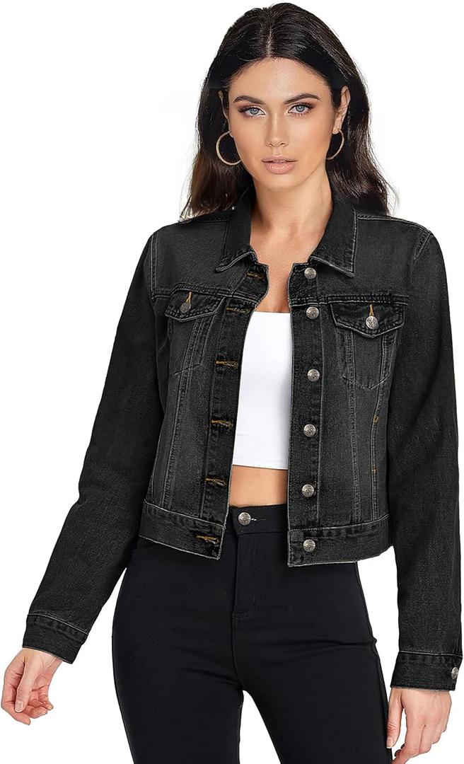 Hybrid & Company Women's Long Sleeve Denim Jackets Basic Button Down Jean Jacket with Pockets (Black, S)