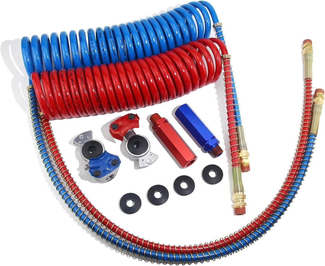 15Ft Coiled Air Brake Hoses Assembly and Accessory Kit 40'' & 12'' Pigtails Leads, Semi Truck Red Blue Coiled Air Brake Lines with Aluminum Glad Hands & Extension Handle Grips & Rubber Seals