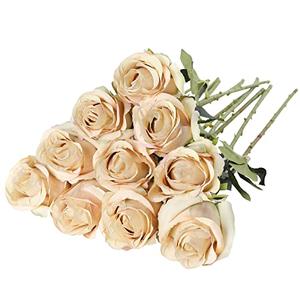 Nubry Artificial Silk Rose Flower Single Stem Lifelike Vintage Fake Rose for Wedding Bouquet Floral Arrangements Home Party Centerpiece Decoration, 10pcs (Vintage Champagne)