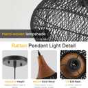 Black Rattan Pendant Light, 15.7" Rattan Chandelier Hand-Woven Wicker Pendant Light Fixtures with Solid Wood, Basket Hanging Lighting for Dining Room Kitchen Island Living Room, D 16", Large