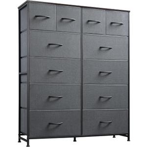 WLIVE 12 Drawer Tall Fabric Dresser Bedroom Storage Chest, Dark Grey