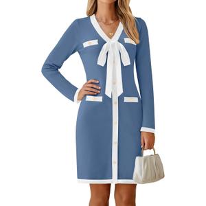HAEOF Women's 2024 Long Sleeve Mini Sweater Dress Fall Winter Trendy V Neck Elegant Bodycon Formal Party Dresses (X-Large)