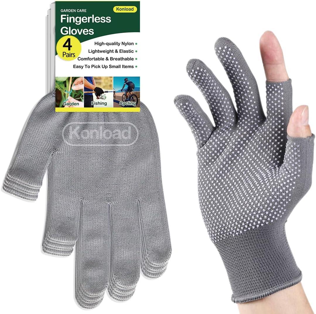 4 Pair High Dexterity Nylon 13 Gauge Knit Glove with PVC Dots-Lightweight Open Finger Glove Design Breathable Fingerless Gloves for Fishing/Cycling/