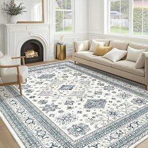 Vintage Living Room Area Rug 8x10 - Large Soft Washable Oriental Traditional Distressed Farmhouse Rugs for Bedroom - Indoor Floor Accent Carpet for Home Office House Decor - Powder Blue