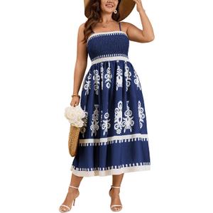 CICIDUDU Plus Size Spaghetti Strap Summer Boho Floral Dress Beach Sleeveless Sundress Smocked Maxi Dress with Pockets 2026 (Blue, XL)
