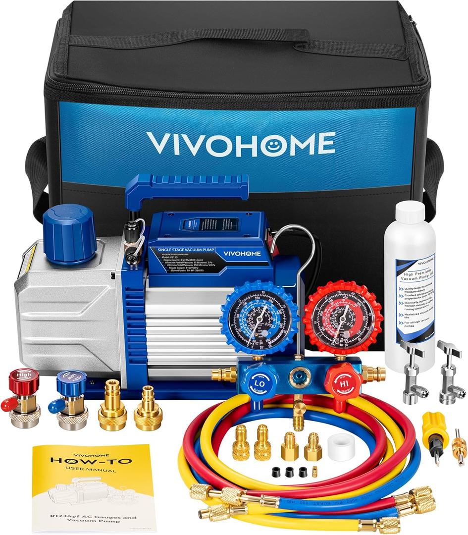 VIVOHOME 110V 1/4 HP 3.5CFM Single Stage HVAC Vacuum Pump and AC Manifold Gauge Kit, Sparkless Motor for R32 R1234yf R454B R134a R22 R410a Systems, Automotive Air Conditioner Maintenance