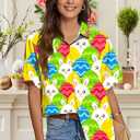 Easter Shirt for Women: Happy Easter Shirts Cute Rabbit Graphic T Shirt Short Sleeve Button Down Tee Tops (Yellow, S)