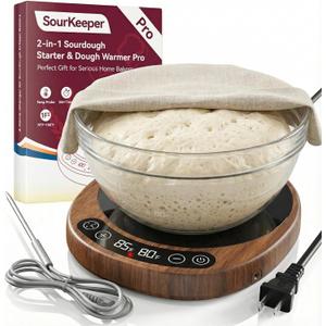 SourKeeper, Larger 2-in-1 Sourdough Starter Warmer Pro - 2026 Upgrade Larger Heating Plate, Dough Temp Probe, 1F Control (70110F), 24H Timer, Real-Time Monitoring Walnut,6.5inch