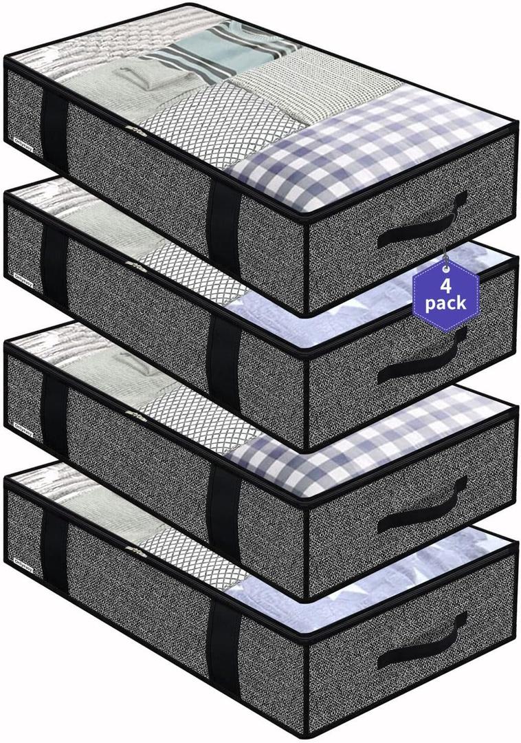 Onlyeasy 4 Pack Under Bed Clothes Storage Bags Organizer with Reinforced Handles and Zippers, Foldable Underbed Storage Container Bags for Blankets, Comforters, Bedding, Linen-like Black, MXAUBBP4 (Set of 4 Basic Soft Side Wall - Linen Like Black)