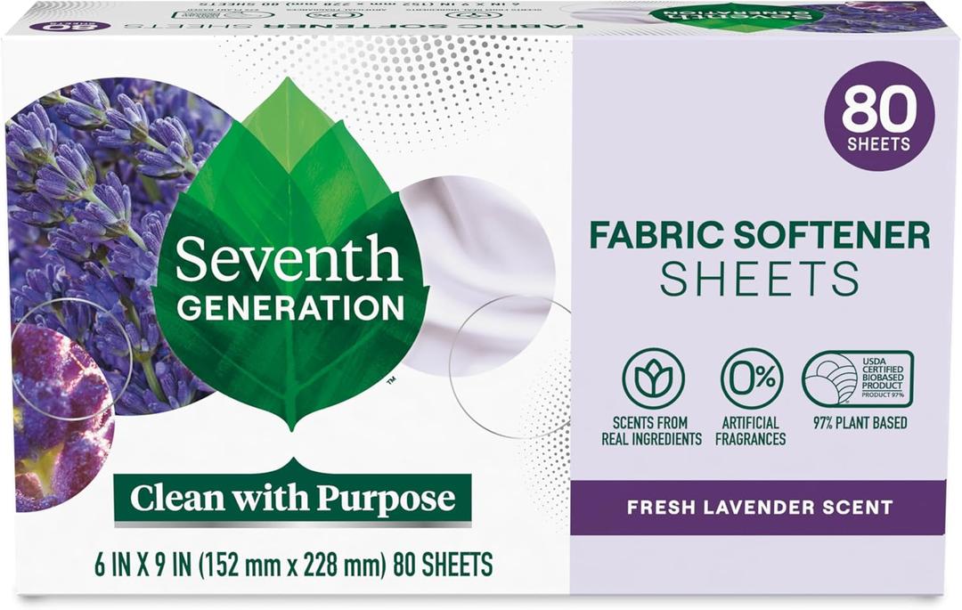 Seventh Generation Dryer Sheets Laundry Fabric Softener, Fresh Lavender Scent, 80 Sheets (80 Count (Pack of 1))