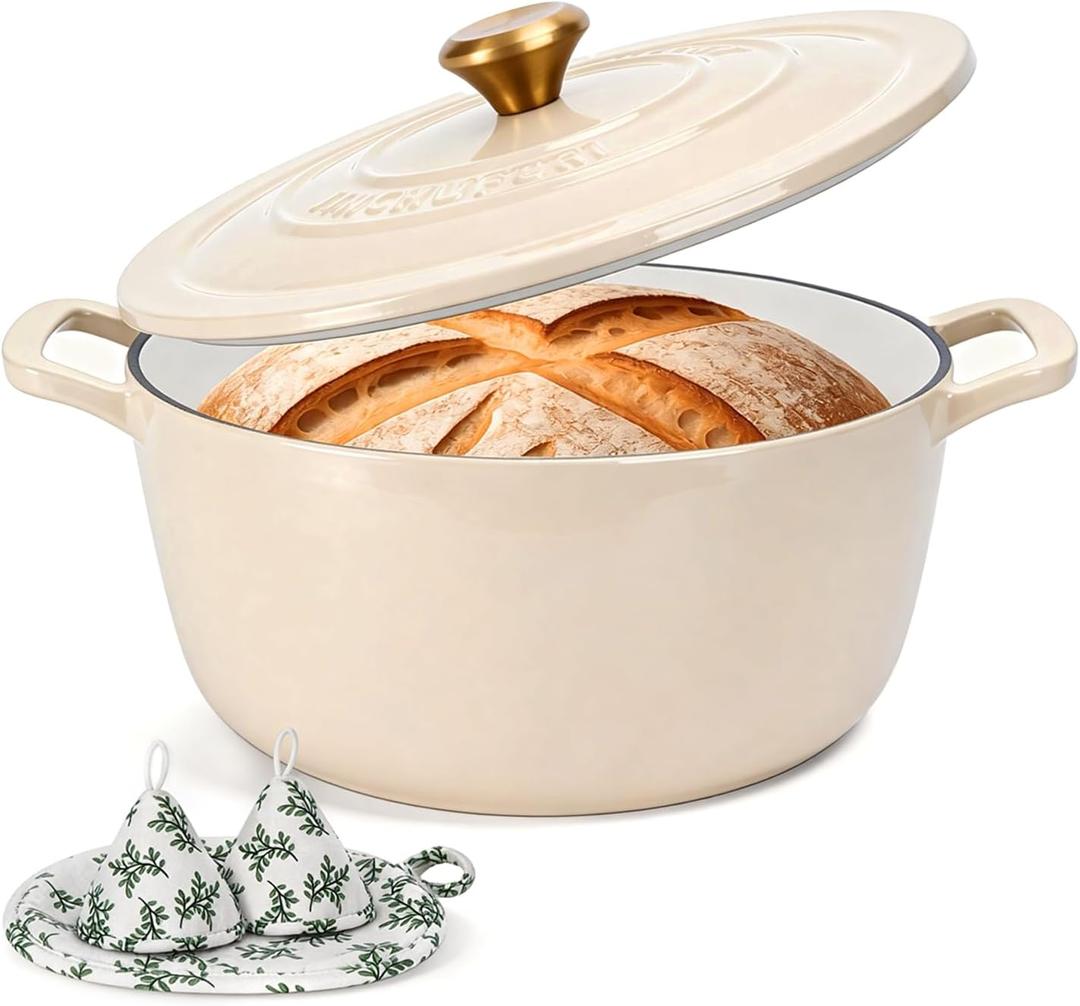 Enameled Cast Iron Dutch Oven - JINCHUFURI 5 Quart Cast Iron Dutch Oven Enameled Oven with Lid for Sourdough Bread Baking, Pre-Seasoned Pot Oven Safe