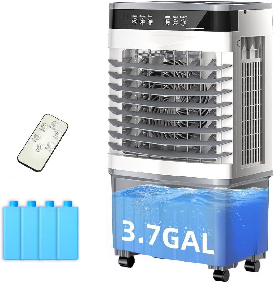FLYMOON Portable Air Conditioner with 3.7 Gal Water Tank, 12H Timer, 1500~3000CFM, Evaporative Air Cooler with Remote Control,Swamp Cooler Air Conditioner for Bedroom, Kitchen, Basement, Garage, Patio