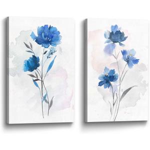 Bedroom Flower Canvas Wall Art: 2 Pieces Navy Blue Floral Prints Artwork Vintage Wildflower Bouquet Botanical Abstract Picture Painting for Living Room Bathroom Home Office