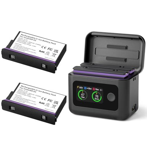 Insta 360 X5 Batteries(2 Packs) with Fast Charge Hub 27W Dual Fast Charging Case w/ LCD Display, Intelligent Two Way Charger Hub for Insta360 X5, Shows Battery SOC (Battery*2 and Charger*1)