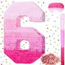 Number Piñata Pink Piñata Birthday Decorations Gradient with Stick Blindfold Confetti for Girls Boys Birthday Anniversary Party Decorations Supplies(Number 6)