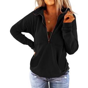 Floral Find Women's Long Sleeve Lapel Half Zip Up Sweatshirt Solid Stylish Loose Fit Casual Pullover Tops (Black, M)