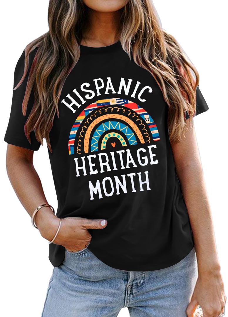 Hispanic Heritage Month Shirts Women Hispanic Tshirt Latino Countries Flags Shirt Funny Graphic Short Sleeve Tee Gifts, Black, Size 2XL