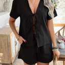 Women's Summer Short Sets Front Tie V Neck Shirt Tops Matching Casual Shorts 2 Piece Outfits Vacation Loungewear (Black, M)