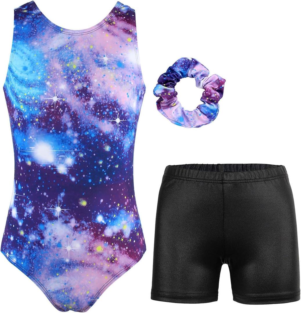 JESKIDS Gymnastics Leotards for Girls Dance Unitards Biketards Matching Shorts Activewear Suits for Girls 4-5 Years (Cosmic)