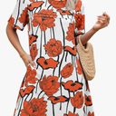 Womens Summer Casual Floral Mini Dress Short Sleeve Pleated Front Loose Beach Tunic Dresses with Pockets L