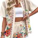 TUREAU Women Boho Tropical Print Beach Cover Up Shorts Set 2 Piece Summer Lounge Outfit Lightweight Swimwear Matching Outfit, WhiteBoho, Large