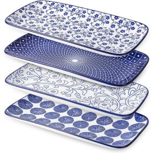 Selamica Ceramic Serving Platters, 14 Inch Serving Trays for Party Entertaining, Large Rectangular Serving Plates for Appetizer, Charcuterie, Dessert, Fruit, Set of 4, Vintage Blue
