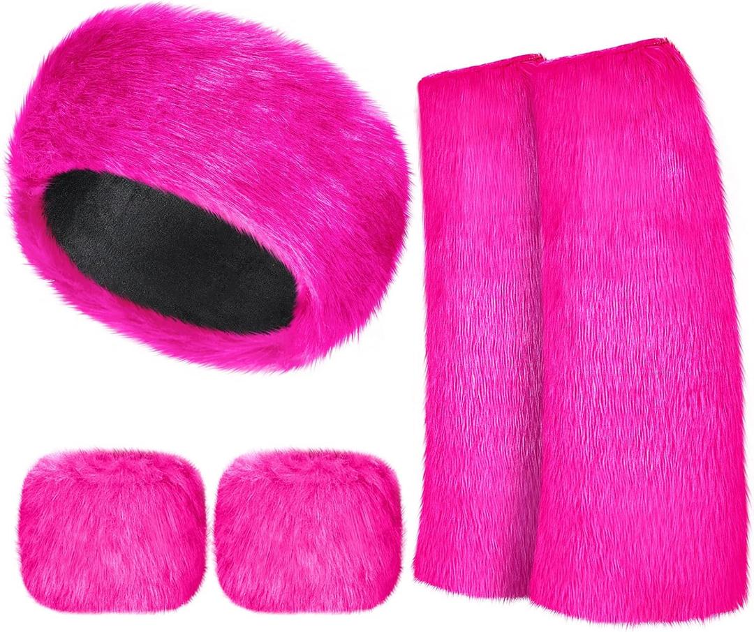 SATINIOR 3 Pieces Faux Fur Headband Set Ear Warmer Headwrap Furry Wrist Cuff Leg Warmers Boot Cuff Accessories for Girls (Rose Red)