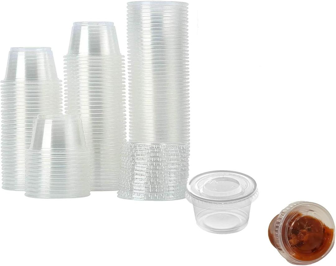 250 Sets Disposable Plastic Portion Cups with Lids, 0.75 oz Clear Round Condiment Containers - Leak-Resistant Flip-Top Lids, Stackable for Snacks & Sauces