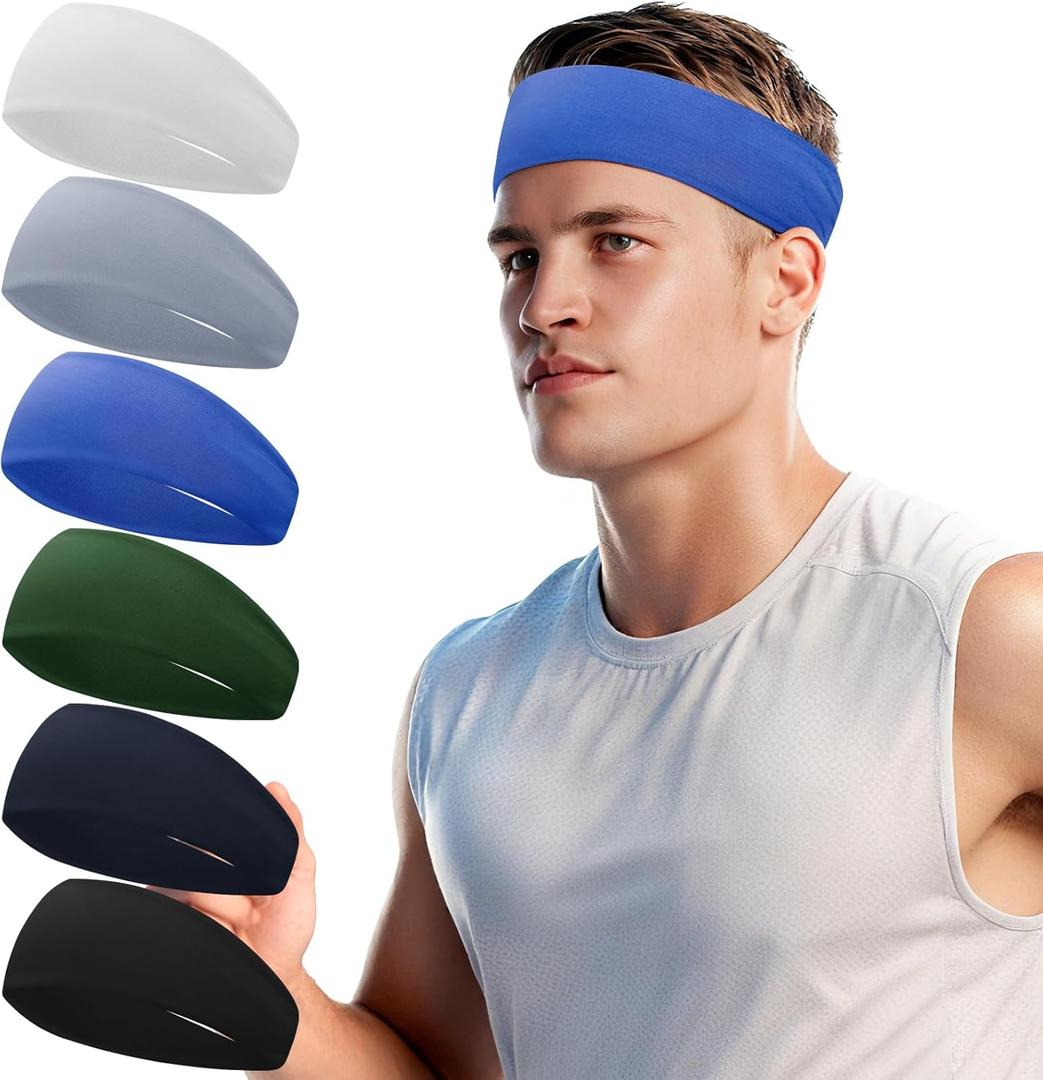 Cooling Headbands for Men 6 Pack Running Bandana Mens Sweatband Bands Workout Moisture Wicking Headband for Running,Cycling,Yoga,Fitness Athletic (Black,White,Deep Blue,army green,blue,gray)