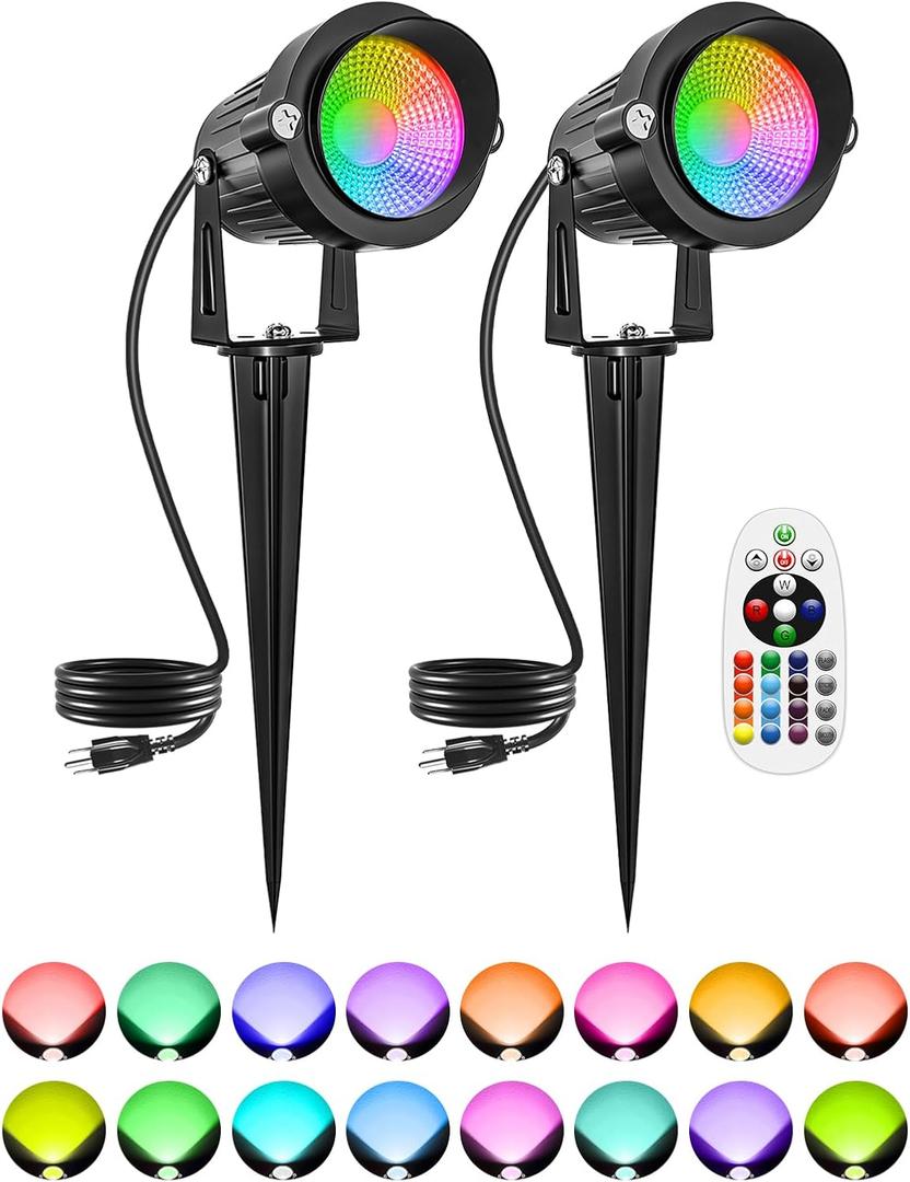 Christmas RGBW Outdoor Spotlights for Yard, 10W Color Changing Landscape Lights with Remote Control 120V LED Landscape Lighting Waterproof Spotlight with Plug Tree Garden Path Decoration(2Pack)