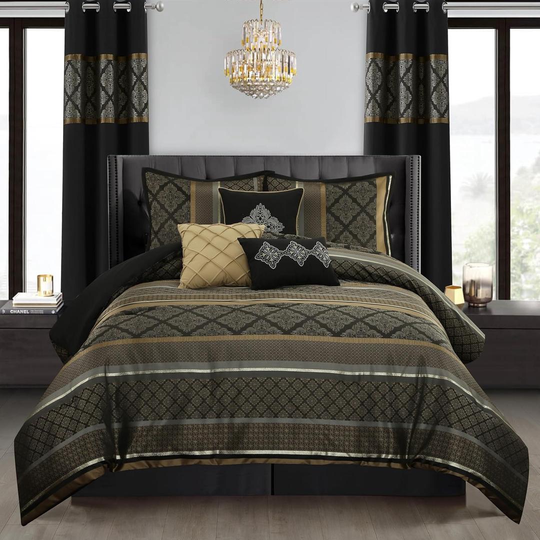 Stratford Park Geometric Black and Gold Comforter Set Queen Size, 9 Piece Jacquard Bedding Set, Ultra-Soft, Matching Shams, Bedskirt, Decorative Pillows, Curtains