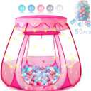 Baby Ball Pit for Toddler with 50 Balls, Pop Up Princess Tent with Star Lights for 1 2 3 Year Old Birthday Gift, 12-18 Months Baby Girl Toys with Carrying Bag, Indoor&Outdoor Play Tent for Kids (Pink)