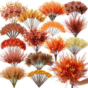 Artificial Eucalyptus Leaves Stem Bulk Fake Greenery Faux UV Resistant Sprays Silver Dollar Eucalyptus for DIY Wedding Bouquet Vase Floral Arrangement Decor (Orange, 3 Kinds)