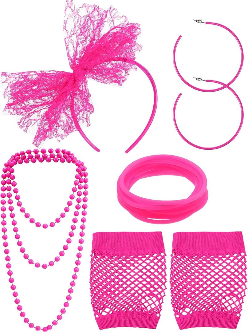 Blulu 80s Costume Accessories for Women Lace Headband Earrings Fishnet Gloves Necklace Bracelet for 80s Retro Party (Rose Red)