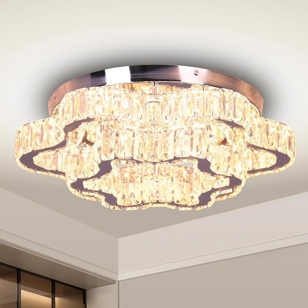 LED Crystal Chandeliers Modern Flush Mount Ceiling Light Fixtures 2 Tiers Chandelier Ceiling Lighting for Living Room Bedroom (Warm)