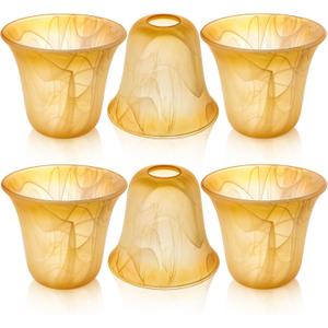 Teenyyou 6 Pcs Bell Shaped Glass Lamp Shade E26 Replacement Globe Ceiling Fan Light Cover with 1-5/8'' Fitter Opening for Chandelier Wall Sconce Pendant Light Bathroom Vanity Fixture (Amber Marble)