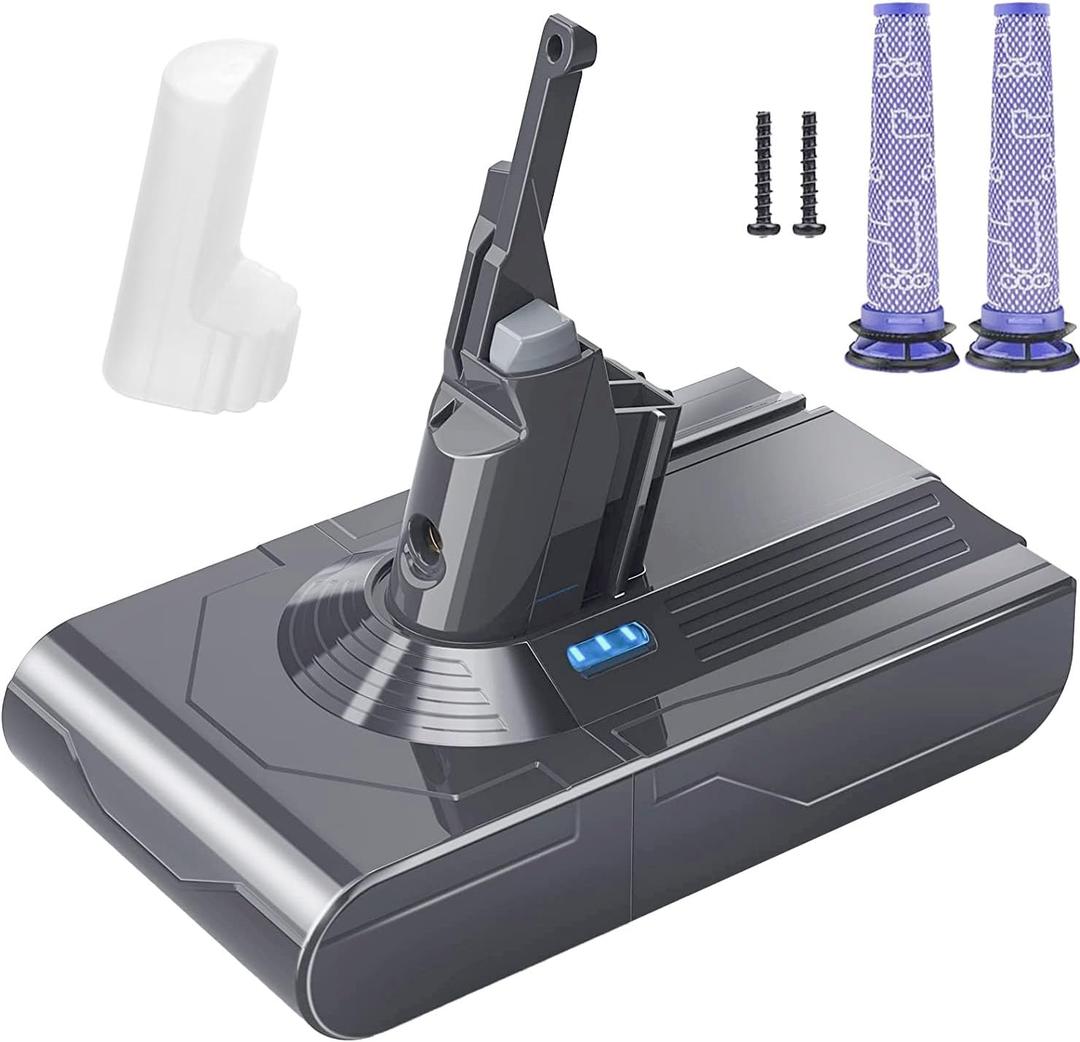 Battery Replacement for Dyson V8, 21.6V 6500mAh Li-ion Battery Compatible with SV10 V8 Animal V8 Absolute V8 Motorhead V8 Carbon Fiber V8 Fluffy Series Cordless Vacuum, 2 Filters and 2 Screws Included