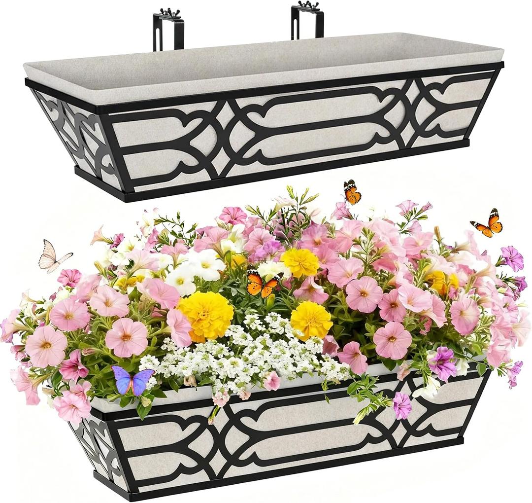 Railing Planter Box, Window Planter Box 24 Inch 2 Pack, Metal Hanging Flower Boxes with Non-Woven Fabric Liner, Adjustable Brackets for Deck Railing, Fence, Balcony, and Porch, Black