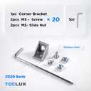 20 Sets Silver 2020 Corner Bracket Kit for 2020 & 2040 Aluminum Extrusion Rail - Brackets, M5 Sliding T-Nuts & Hex Screws, Ball-End Hex Wrench for 20 Series 6mm T Slot Extruded Aluminum Hardware