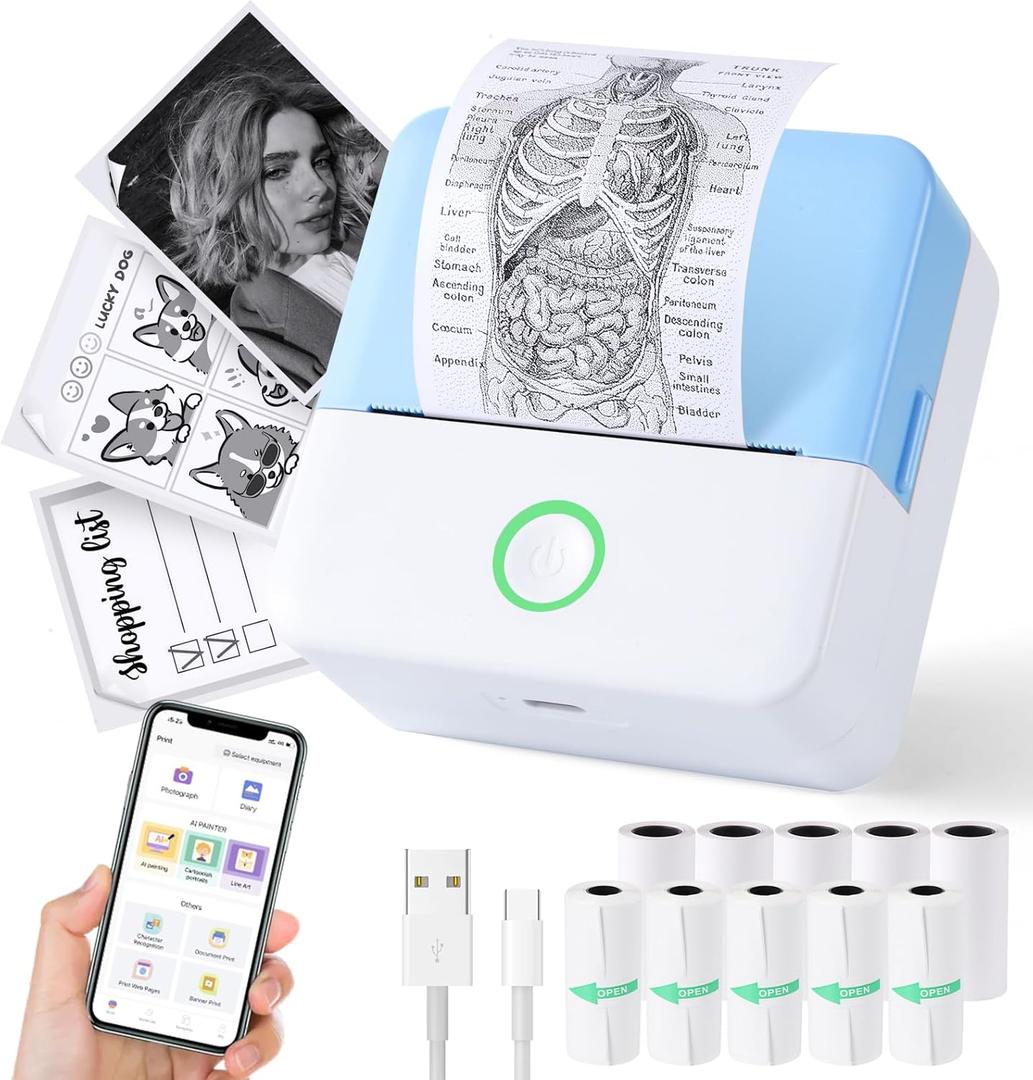 cudinham Print Pods Mini Printer, Thermal Inkless Sticker Maker with 10 Rolls Printing Paper, Pocket Printpod for Phone, Impresora Porttil for Notes, DIY, Compatible with iOS & Android (Blue)