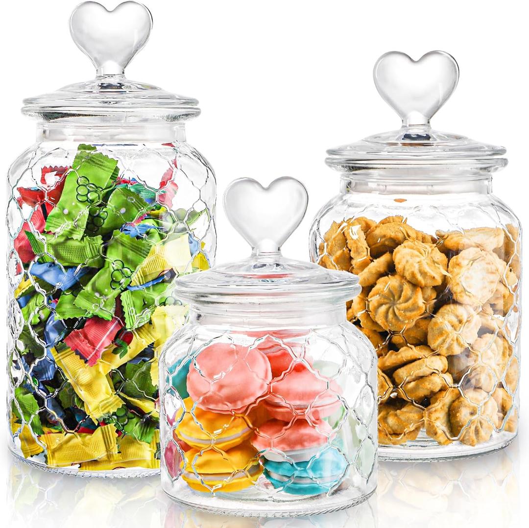 Hiceeden Set of 3 Cute Glass Jars with Airtight Lids, Candy & Cookie Food Storage Containers with Heart-shaped Handle, Glass Canister with Grid Texture for Coffee Beans, Flour, Sugar, 22/32/45oz