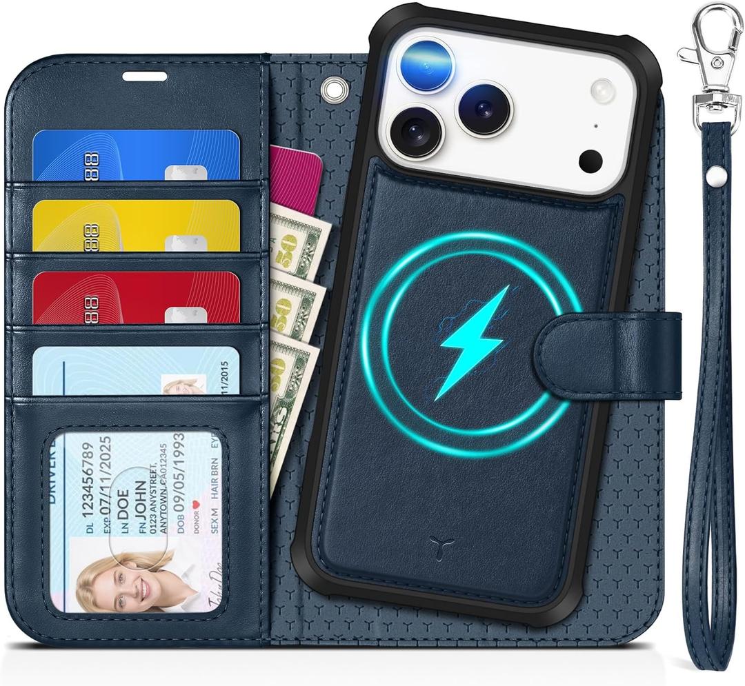 TUCCH 2-in-1 Detachable Wallet Case for iPhone 17 Pro Max 6.9" 2025, RFID Blocking | 4 Card Holders | Wireless Charging | Wrist Strap | Kickstand | Magnetic | PU Leather Protective Cover | Dark Blue