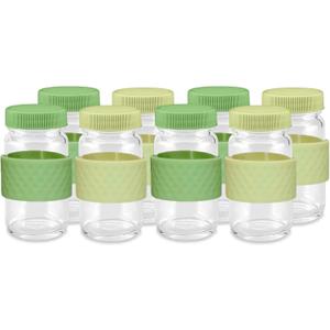 Juice Shot Containers, Glass, Clear, 2oz, Colored Lids & Silicone Grip Bands, Beverage Storage, Juicing, Ginger & Turmeric Bottles (Green)