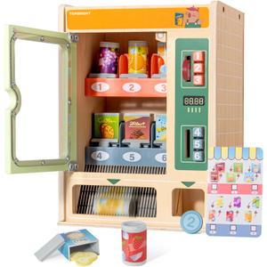 TOPBRIGHT Wooden Vending Machine Play Set for Preschoolers 3+, Kids Pretend Play Toy for Boys and Girls with Snack Bars, Drink Cans & Coins