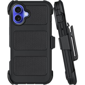 Belt Clip Holster Compatible with iPhone 16 Plus Defender Case with 360° Rotating Stand - Heavy Duty Protection Anti-Drop Shockproof, Black