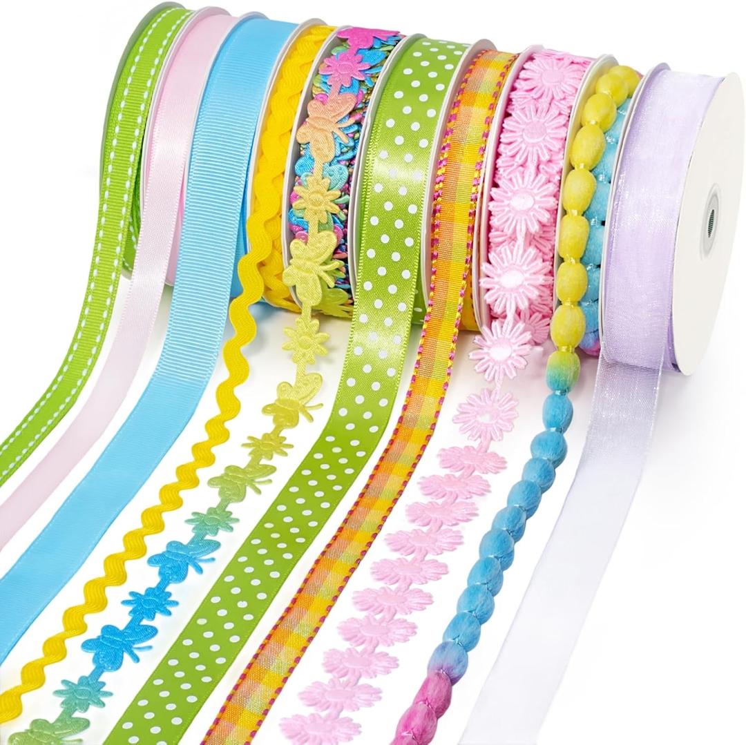 LaRibbons Spring Ribbon Set, Pastel Easter Craft Ribbons with Floral, Polka Dot & Gingham, Ideal for Gift Wrapping, Hair Bows, Spring Decor, DIY Crafts 46 Yards